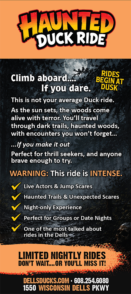 Poster for Haunted Duck Ride: orange header with the logo, spooky forest background, bold text inviting a night-time, intense ride, and a yellow features checklist at the bottom.
