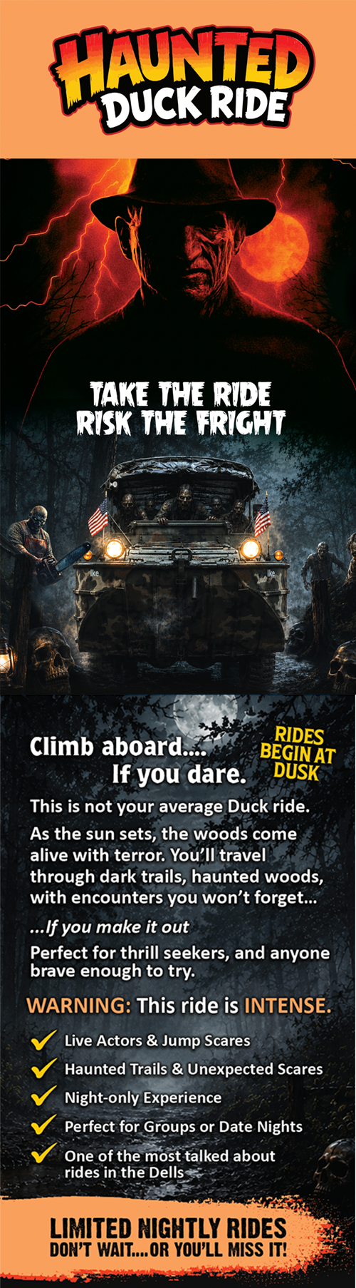 Poster for Haunted Duck Ride: a sinister, hat-wearing figure with a red moon behind, over a zombie-filled truck in a dark forest.