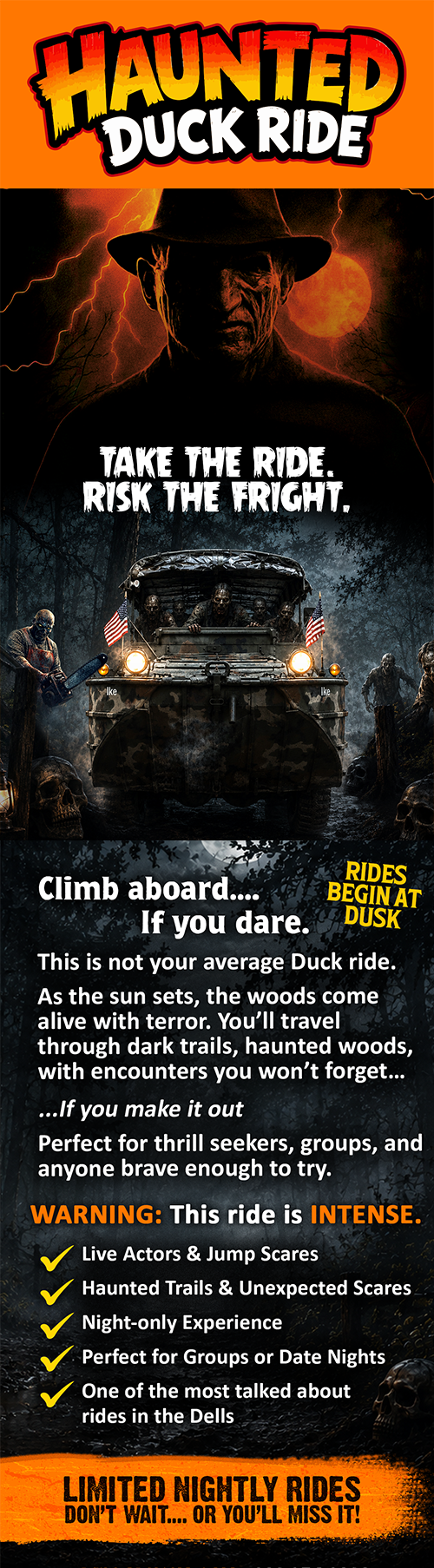 popup new - Dells Ducks Promotional poster for 'Haunted Duck Ride' showing a shadowy cowboy figure, a zombie-filled jeep, and spooky text inviting riders against a dark forest backdrop.